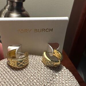 Tory Burch Kira Enamel Gold and White Patterned Huggie Hoop Earrings
